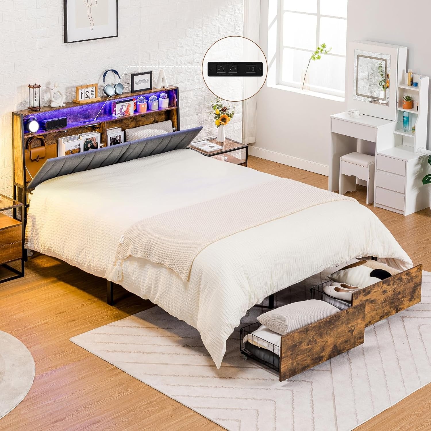 Queen Size Platform Bed Frame with LED Lights and Charging Station, Storage Headboard and Footboard Drawers, No Box Spring Needed, Rustic Wood Look
