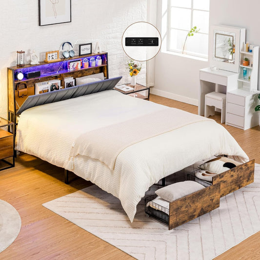 Queen Size Platform Bed Frame with LED Lights and Charging Station, Storage Headboard and Footboard Drawers, No Box Spring Needed, Rustic Wood Look