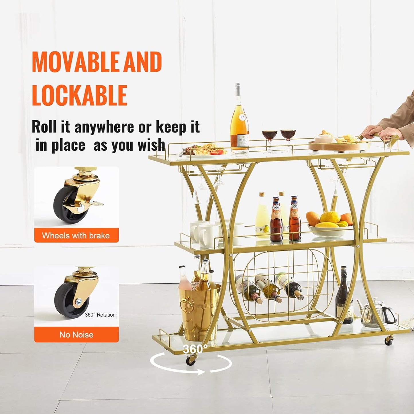 Bar Cart Gold, 3 Tiers Home Bar Serving Cart on Lockable Wheels, Rolling Alcohol Cart with Tempered Glass Shelves Guardrail Wine Rack, Modern Wine Cart for Home Kitchen Dining and Living Room