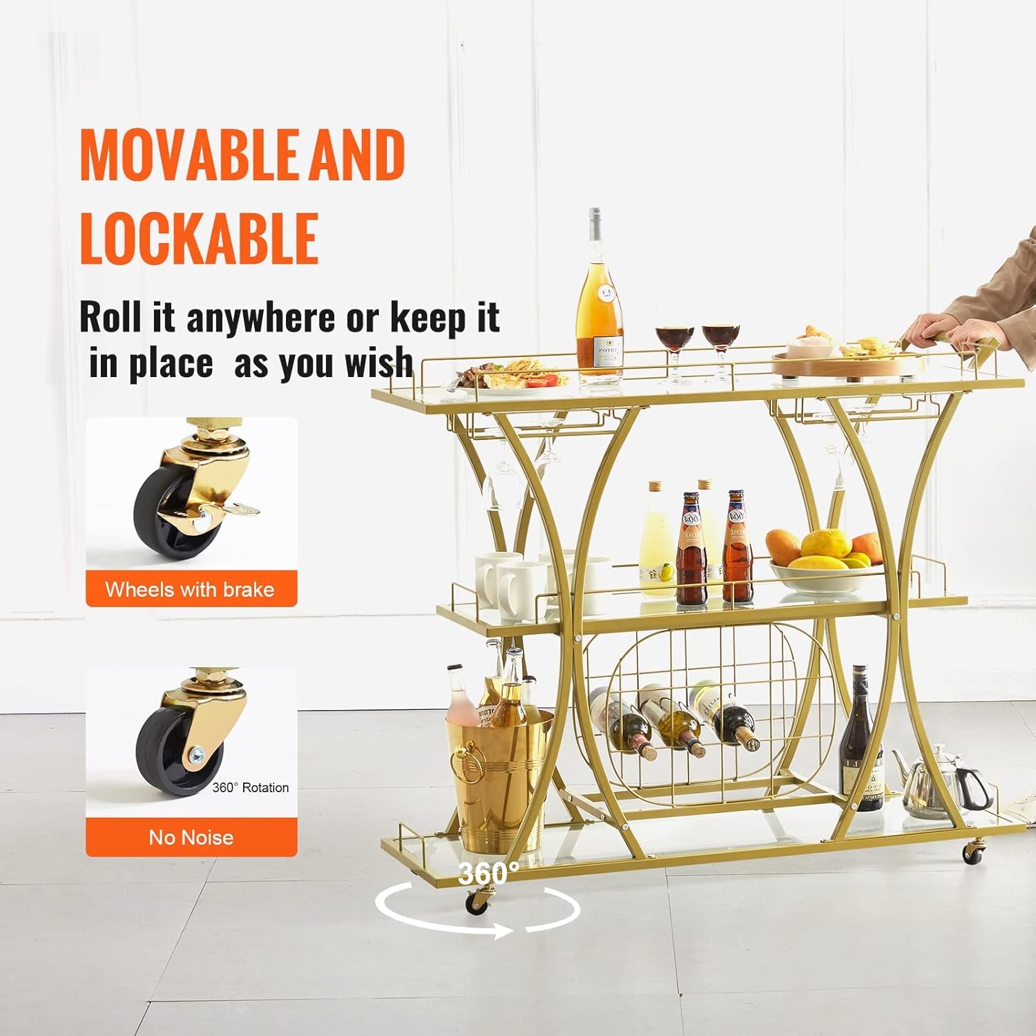 Bar Cart Gold, 3 Tiers Home Bar Serving Cart on Lockable Wheels, Rolling Alcohol Cart with Tempered Glass Shelves Guardrail Wine Rack, Modern Wine Cart for Home Kitchen Dining and Living Room