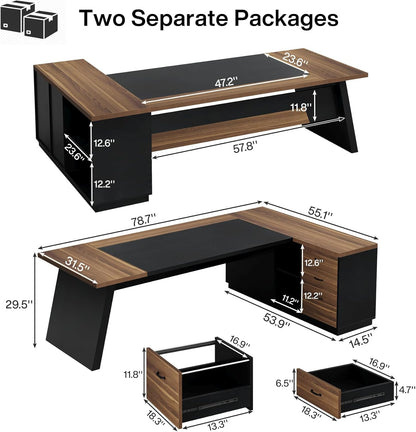 78" L-Shaped Executive Desk, Large Modern Office Desk with Drawers and File Cabinet, Business Furniture with Storage Shelves, Big Computer Desk for Home Office (Light Walnut + Black)