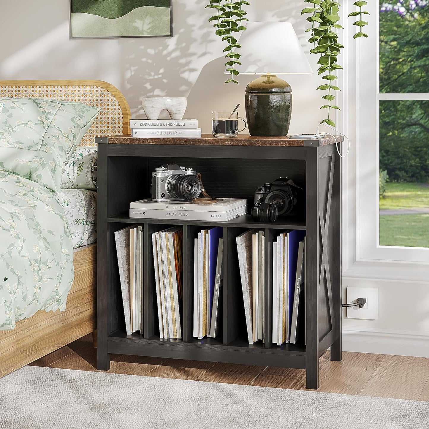 Large Record Player Stand with Charging Station & LED Light, Vinyl Record Holder Hold up to 300 Albums, Farmhouse End Table for Bedroom, Living Room, Black