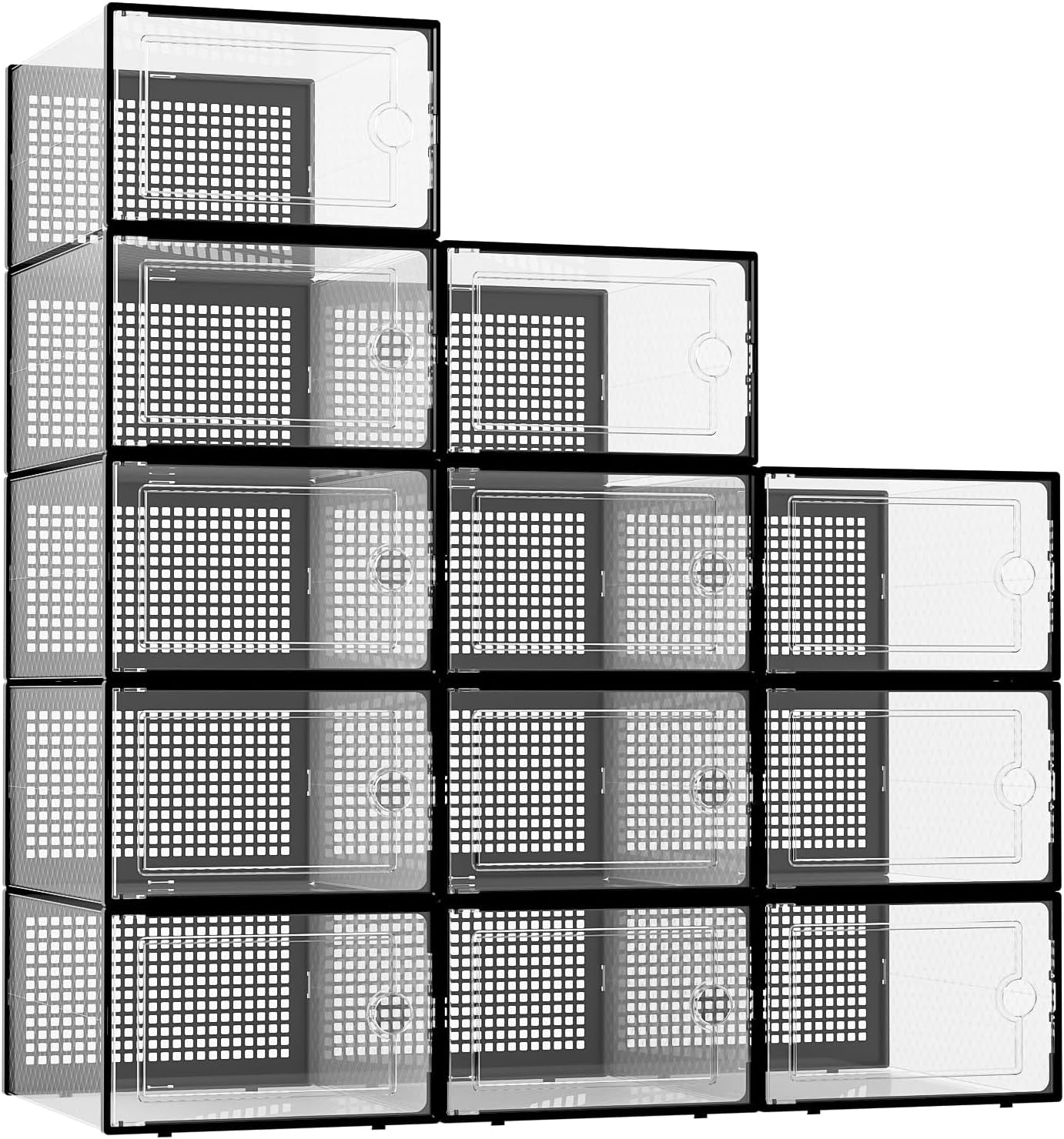 Xx-Large Shoe Storage Boxes Organizers Clear Plastic Stackable 12 Pack, Shoe Rack & Holder Substitute, Sneaker Containers, Toy Storage Organizer Bins for Entryway, Closet, under Bed, Black