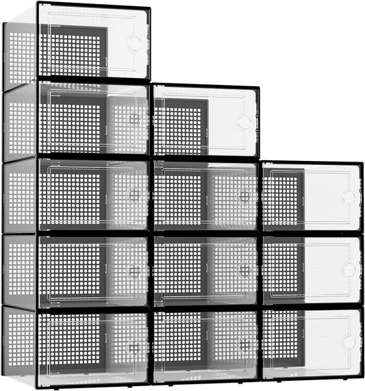 Xx-Large Shoe Storage Boxes Organizers Clear Plastic Stackable 12 Pack, Shoe Rack & Holder Substitute, Sneaker Containers, Toy Storage Organizer Bins for Entryway, Closet, under Bed, Black