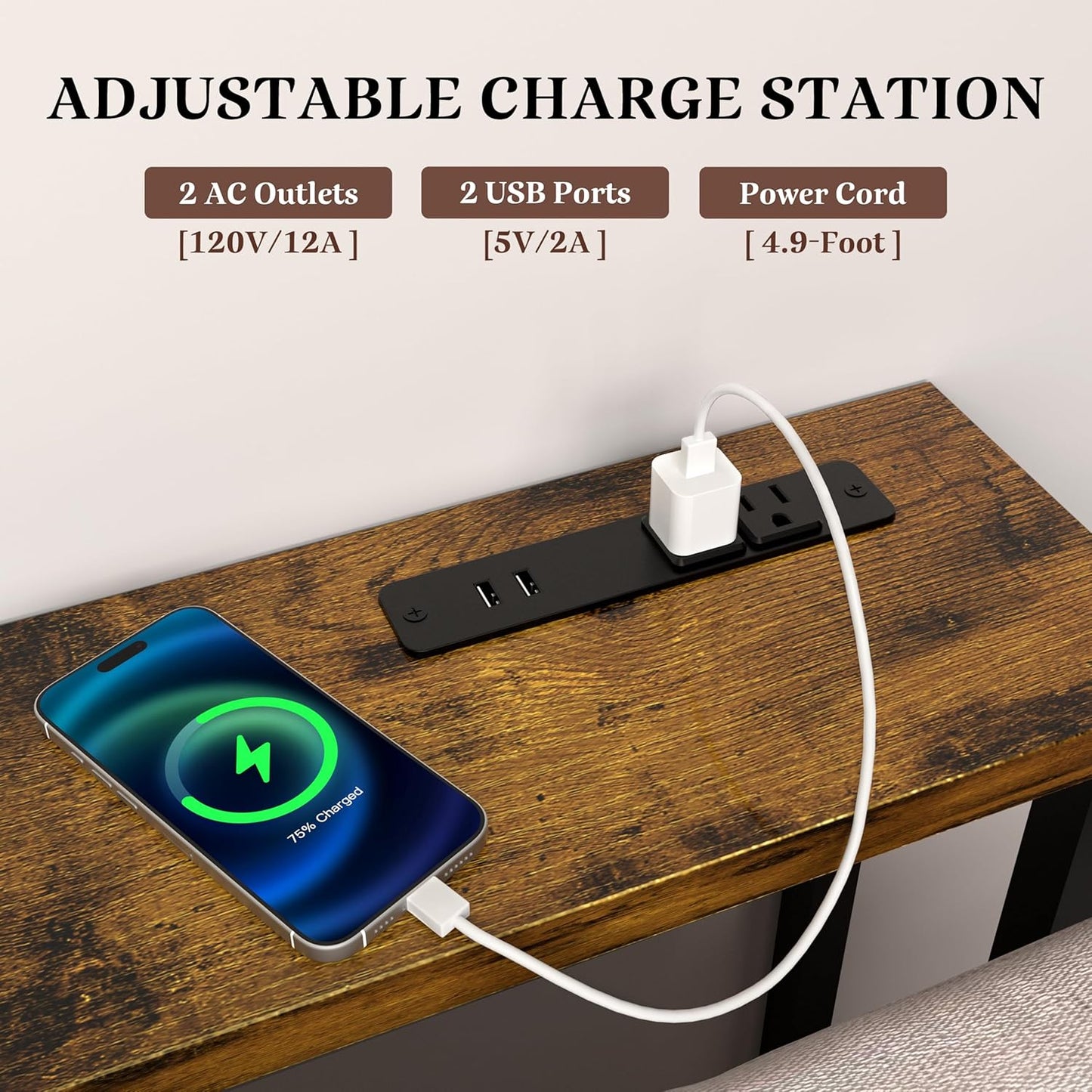 78" Sofa Table with Built-In Power Strip (2 AC Outlets & 2 USB Ports) – 4.9Ft Power Cord, Metal Frame, Easy Assembly, Long Couch Table behind Sofa, Living Room and Home Office | Rustic Brown