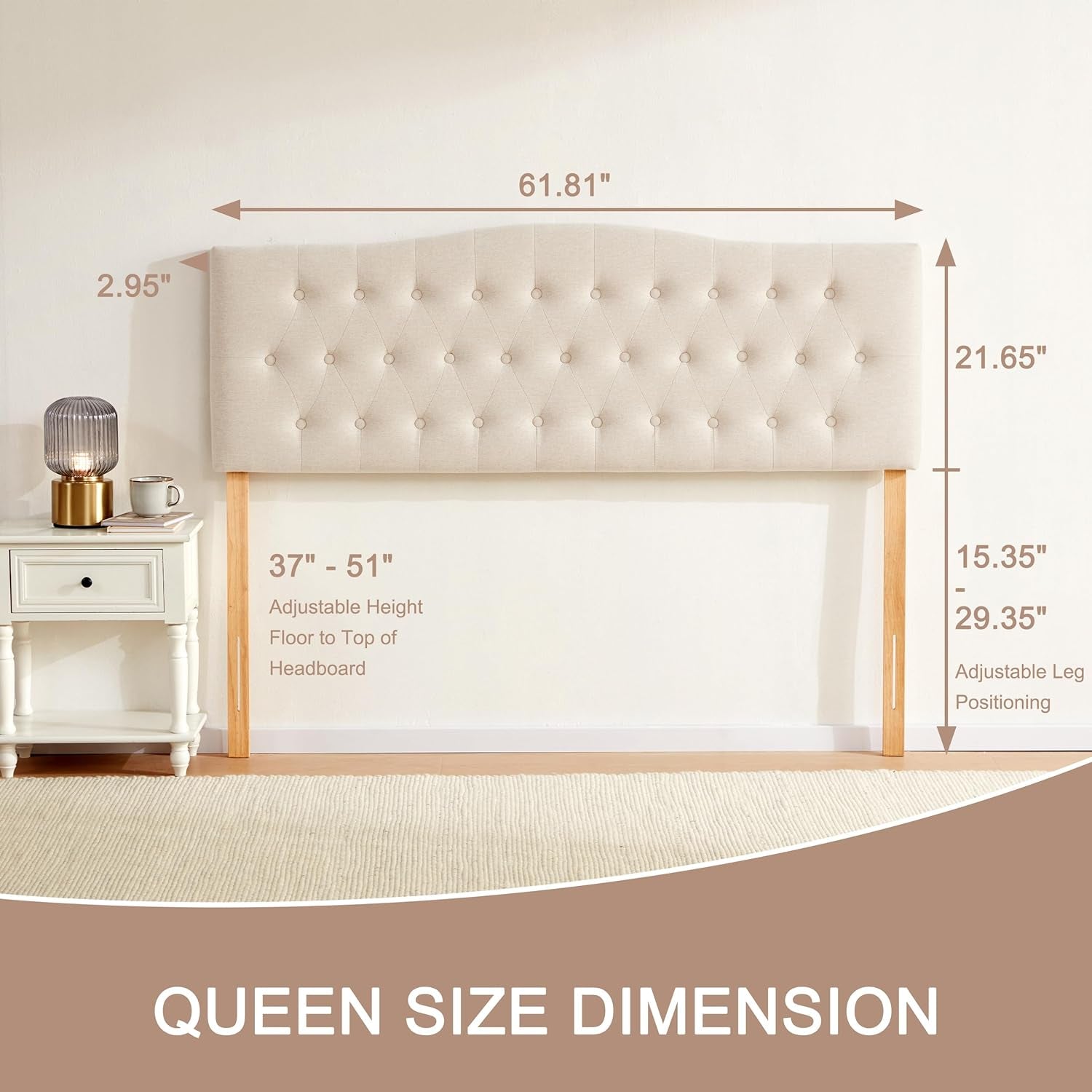 Tufted Upholstered Headboard Queen Size, Sturdy and Durable Solid Wood Bed Headboard, Fabric Headboard Adjustable Height from 37” to 51”, Modern Button Diamond Design Head Board, Beige