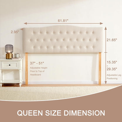 Tufted Upholstered Headboard Queen Size, Sturdy and Durable Solid Wood Bed Headboard, Fabric Headboard Adjustable Height from 37” to 51”, Modern Button Diamond Design Head Board, Beige