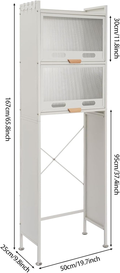 Over the Toilet Storage Cabinet with Flip Door, Metal Bathroom Shelf Organizer, Space Saver Freestanding Rack above Toilet Storage Cabinet with X-Shaped Crossbar (Black)