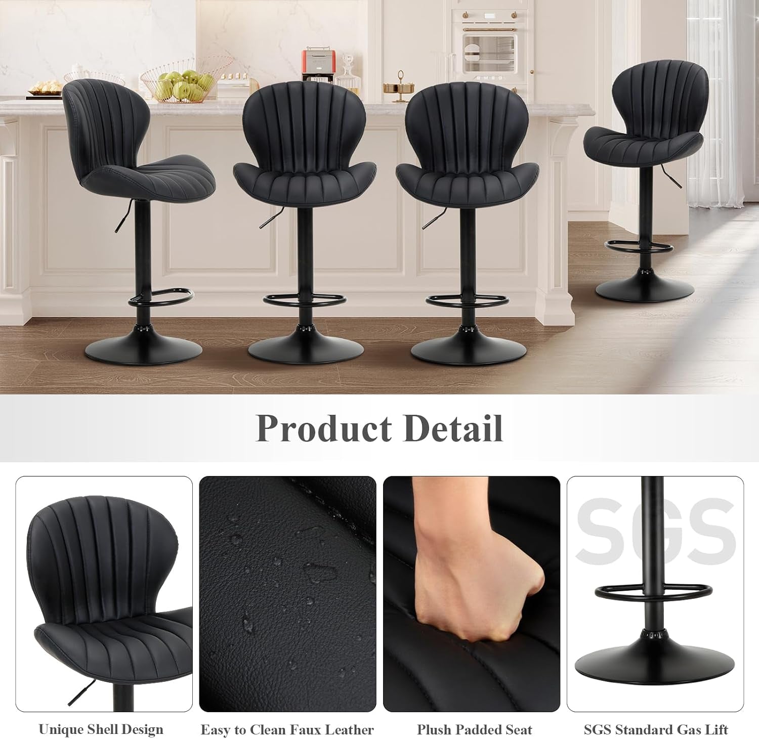 Bar Stools Set of 2, Modern Swivel Bar Chairs, Adjustable Faux Leather Upholstered Barstools Counter Height with High Backrest for Bar, Kitchen Island, Dining Room, Black