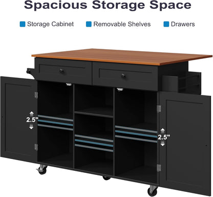 Kitchen Island on Wheels, Rolling Kitchen Island Cart with Drop Leaf and 2 Drawers, Mobile Kitchen Table Storage Cabinet with Tower Rack and Spice Rack for Dining Room, Kitchen, Black