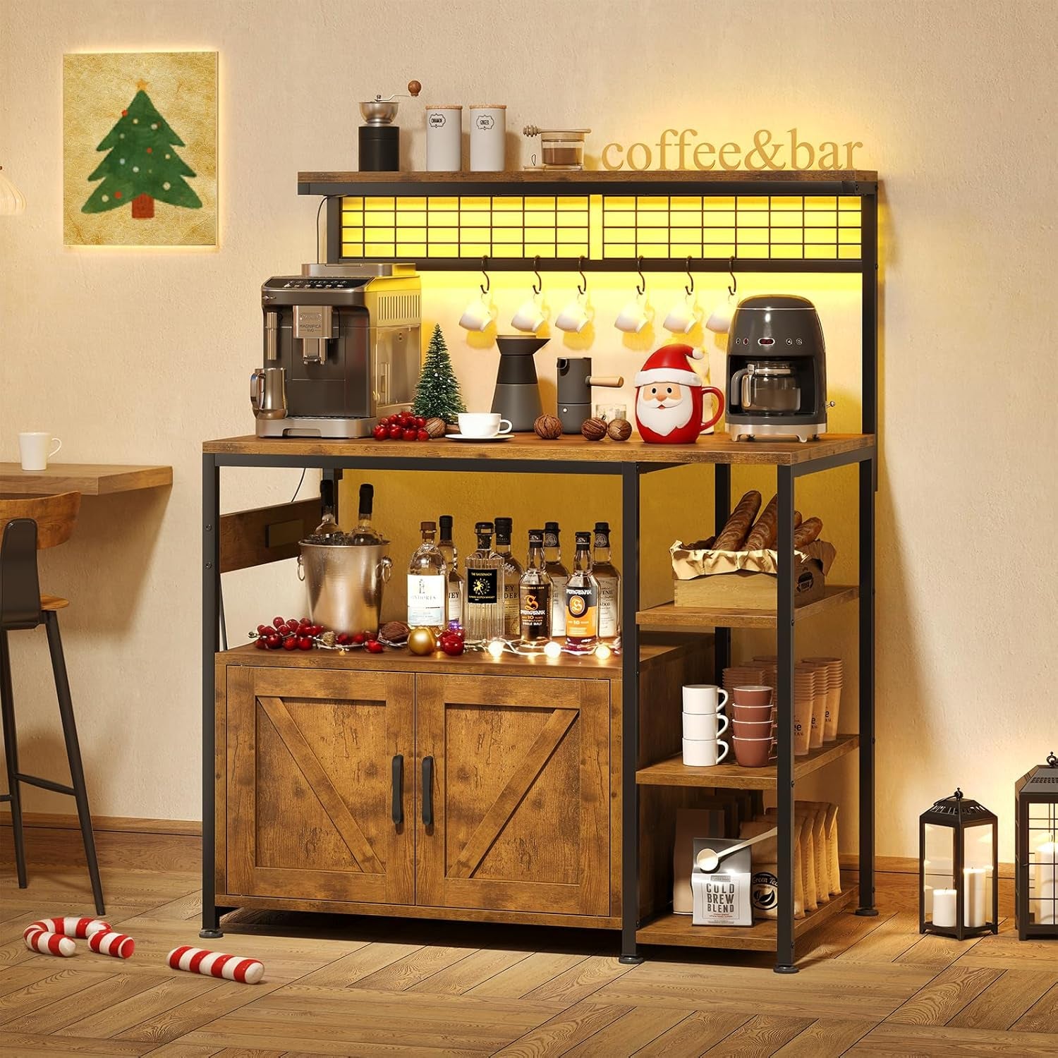 Bakers Rack with Power Outlet and LED Light, Microwave Stand with Storage Cabinet, Coffee Bar Cabinet Station with 6 Hooks for Kitchen, Dining Room, Living Room, Coffee Bar, Rustic Brown, Black