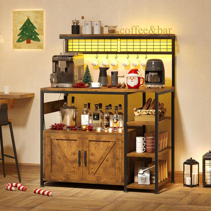Bakers Rack with Power Outlet and LED Light, Microwave Stand with Storage Cabinet, Coffee Bar Cabinet Station with 6 Hooks for Kitchen, Dining Room, Living Room, Coffee Bar, Rustic Brown, Black