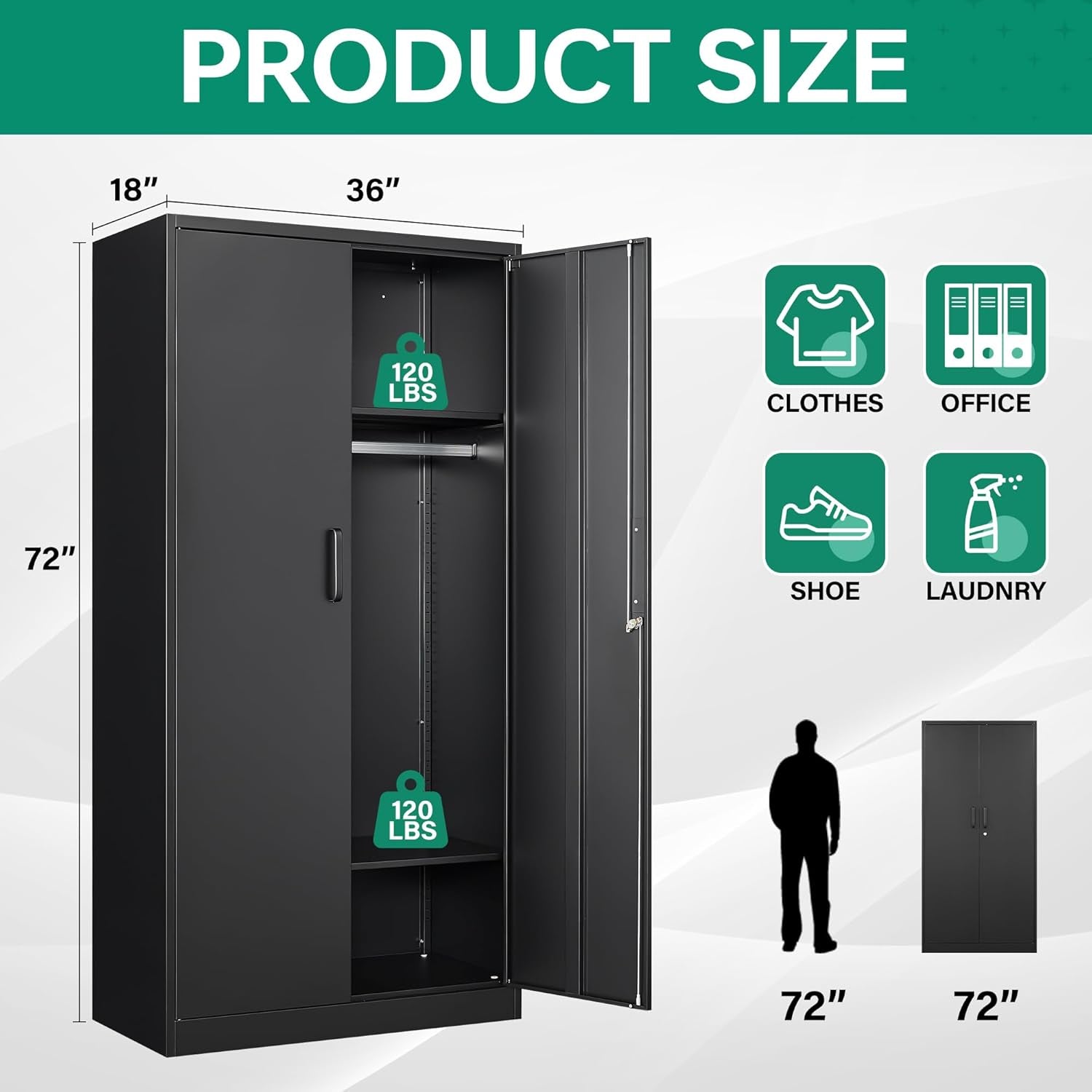Metal Wardrobe Cabinets with Lock,Clothing Locker 72" X 36" X 18" Storage Cabinets for Home Room,Fire Department, School, Employee,Gym,Government (Black)