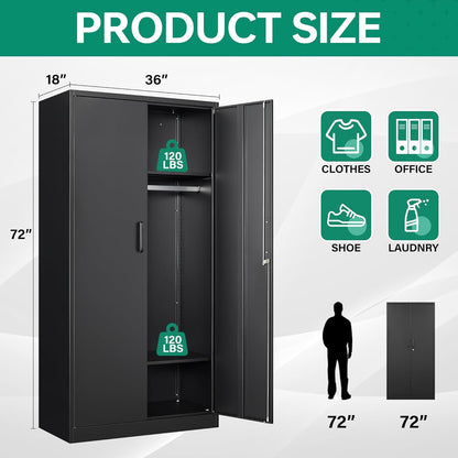 Metal Wardrobe Cabinets with Lock,Clothing Locker 72" X 36" X 18" Storage Cabinets for Home Room,Fire Department, School, Employee,Gym,Government (Black)