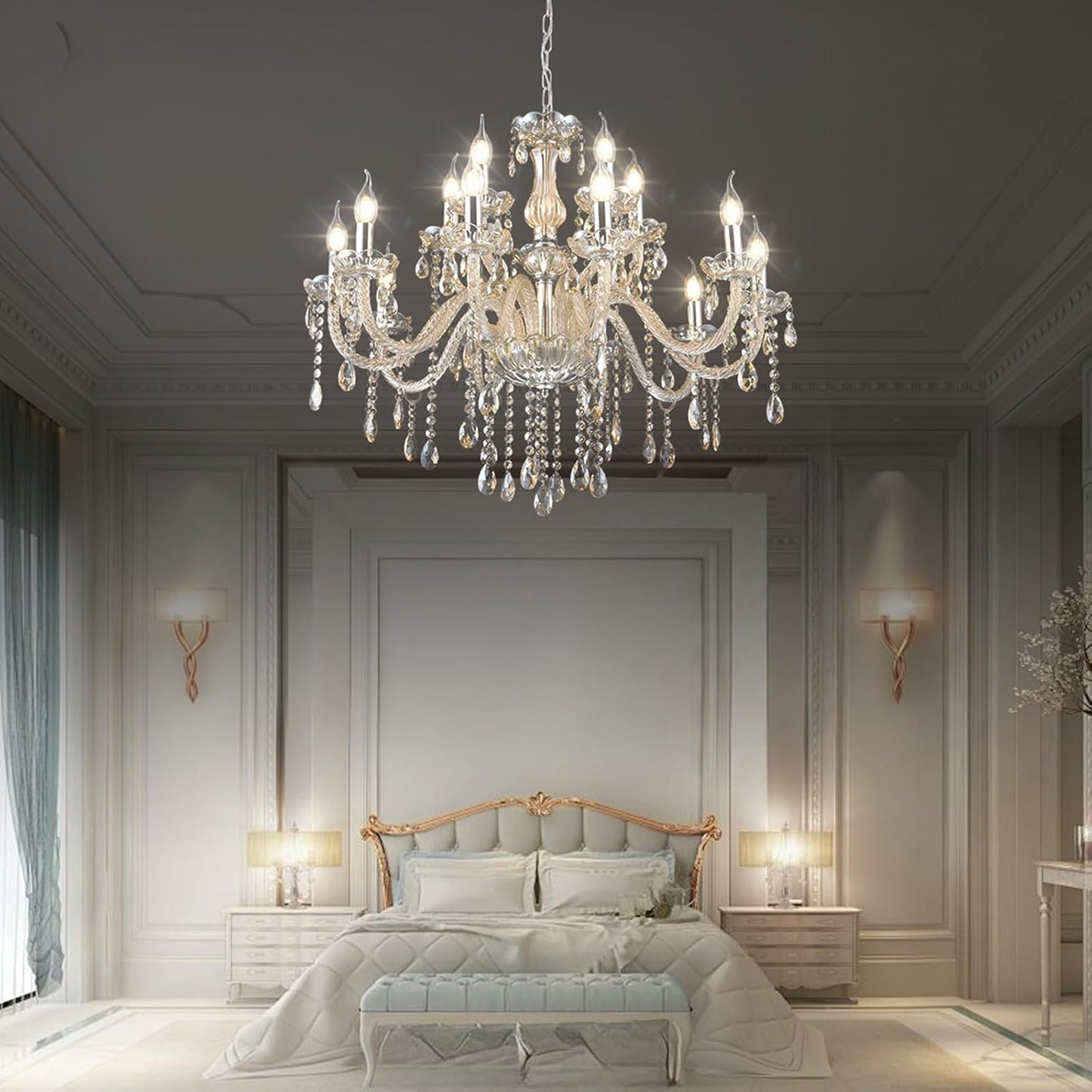 Luxury Cognac Large Crystal Chandeliers for High Ceiling,15-Light 30.7" Large Chandeliers for Dining Room,Living Room,Bedroom,Foyer,Staircase