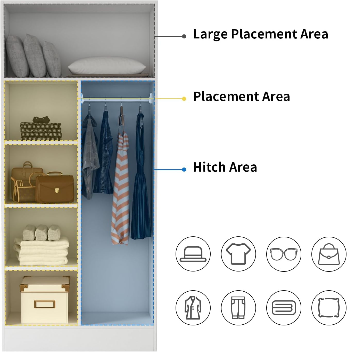 2-Door Wardrobe Cabinet with Hanging Rod and 5 Shelves, Modern Free Standing Wood Storage Closet with Sliver Metal Handles for Bedroom, White, 31.5”W X 19.1”D X 70.9”H