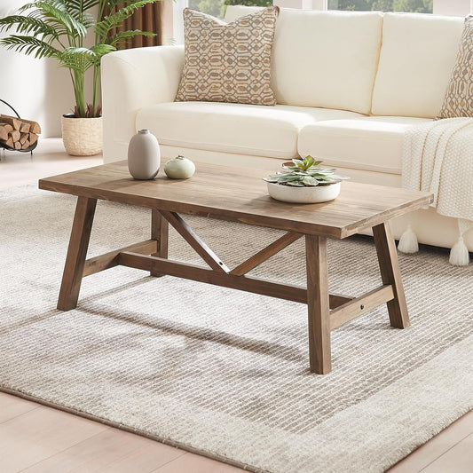 Farmhouse 43" Coffee Table,Solid Wood Center Tables for Living Room and Office, Rustic Wooden Rectangular Table with V-Shaped Support, Natural