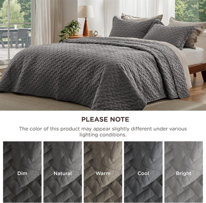 Quilts King Size - Grey Bedspreads King Size with Basket Weave Pattern, Soft Quilt Bedding Set, Lightweight Comforter Set Coverlet for All Seasons with 2 Pillow Shams (106" X 96")