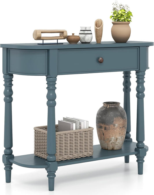 2-Tier Console Table, 36" Retro Entryway Table with Storage Drawer & Elegant Legs, Narrow Wooden Sofa Table with Open Shelf for Living Room, Foyer, Hallway, Bedroom, Entrance (Blue)