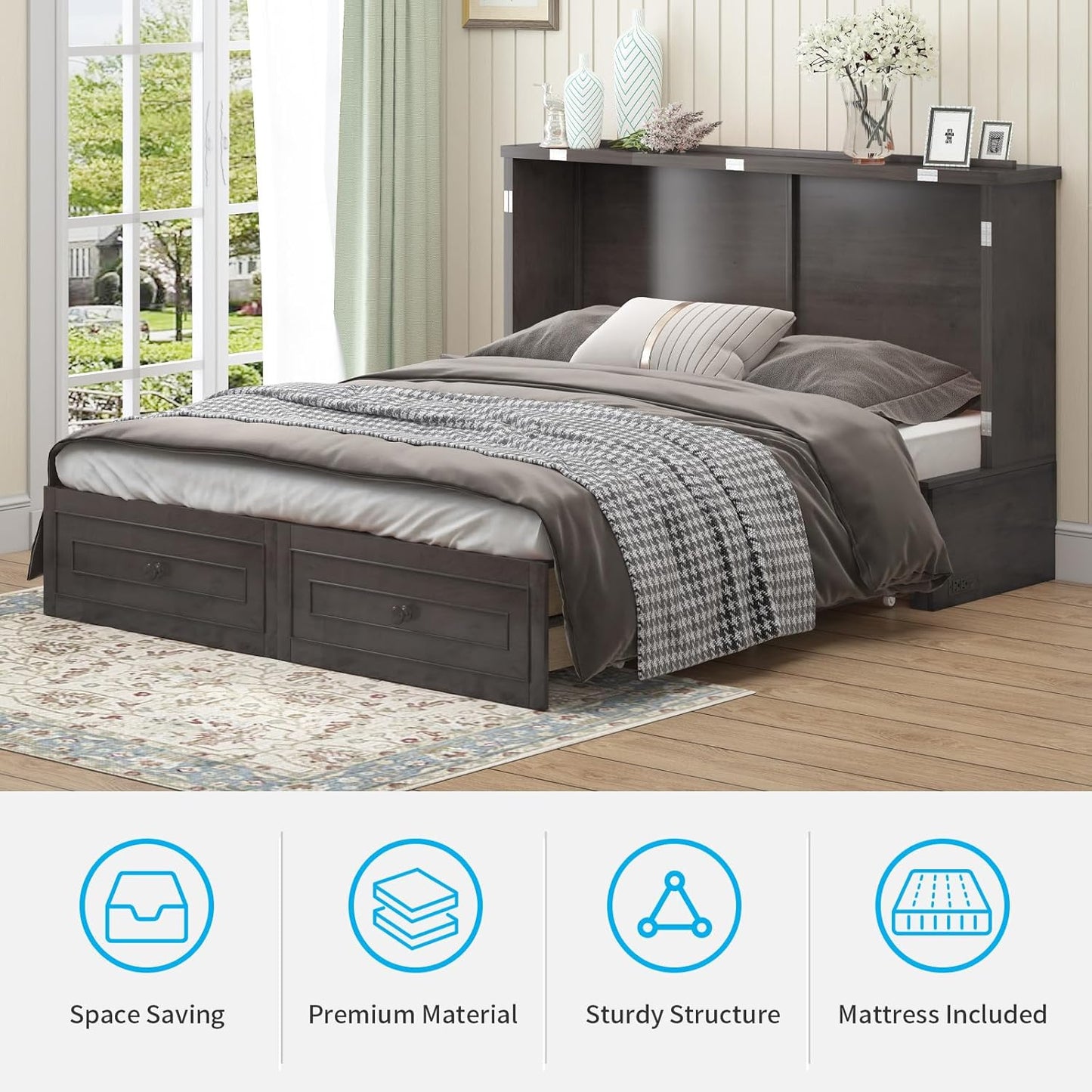 63" Width Queen Size Murphy Bed Cabinet with USB Charging Station, Modern Murphy Cabinet Beds with Drawers & Tri-Folding Mattress, Chest Cabinets Wall Beds for Home Apartment, Dark Grey
