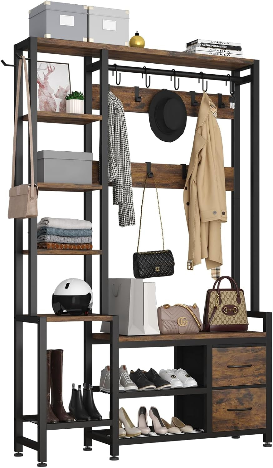 Hall Tree for Entryway 43", Bench with Shoe Storage, Large Coat Rack Shoe Bench with 5 Tier Shelves, 5 in 1 Design Front Door Shoe Rack and Wall Rack Hooks, and 2 Drawers (Rustic Brown)
