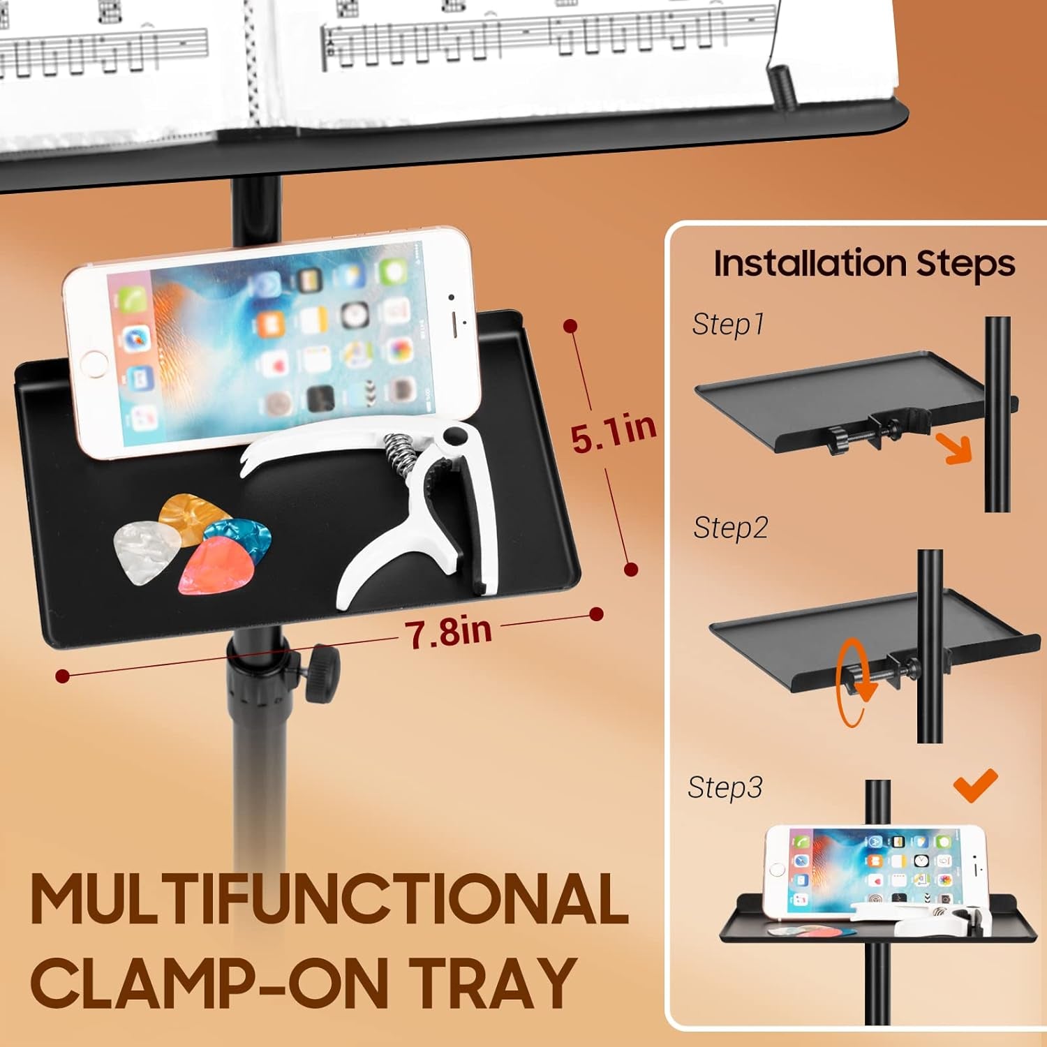Dual Use Sheet Music Stand with Clamp-On Tray & Desktop Book Stand with Carrying Bag, Sheet Music Folder, Music Stand with Shelf, and Clip for Guitar, Ukulele, Violin Players CY0194+CY0320