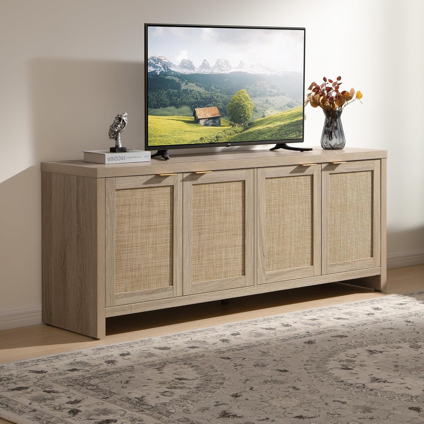 TV Stand for Living Room Boho Entertainment Center for Bedroom with 4 Rattan Cabinets Farmhouse Television Stands with Storage Large Media Console Table for Tvs up to 45 50 55 60 65 Inch