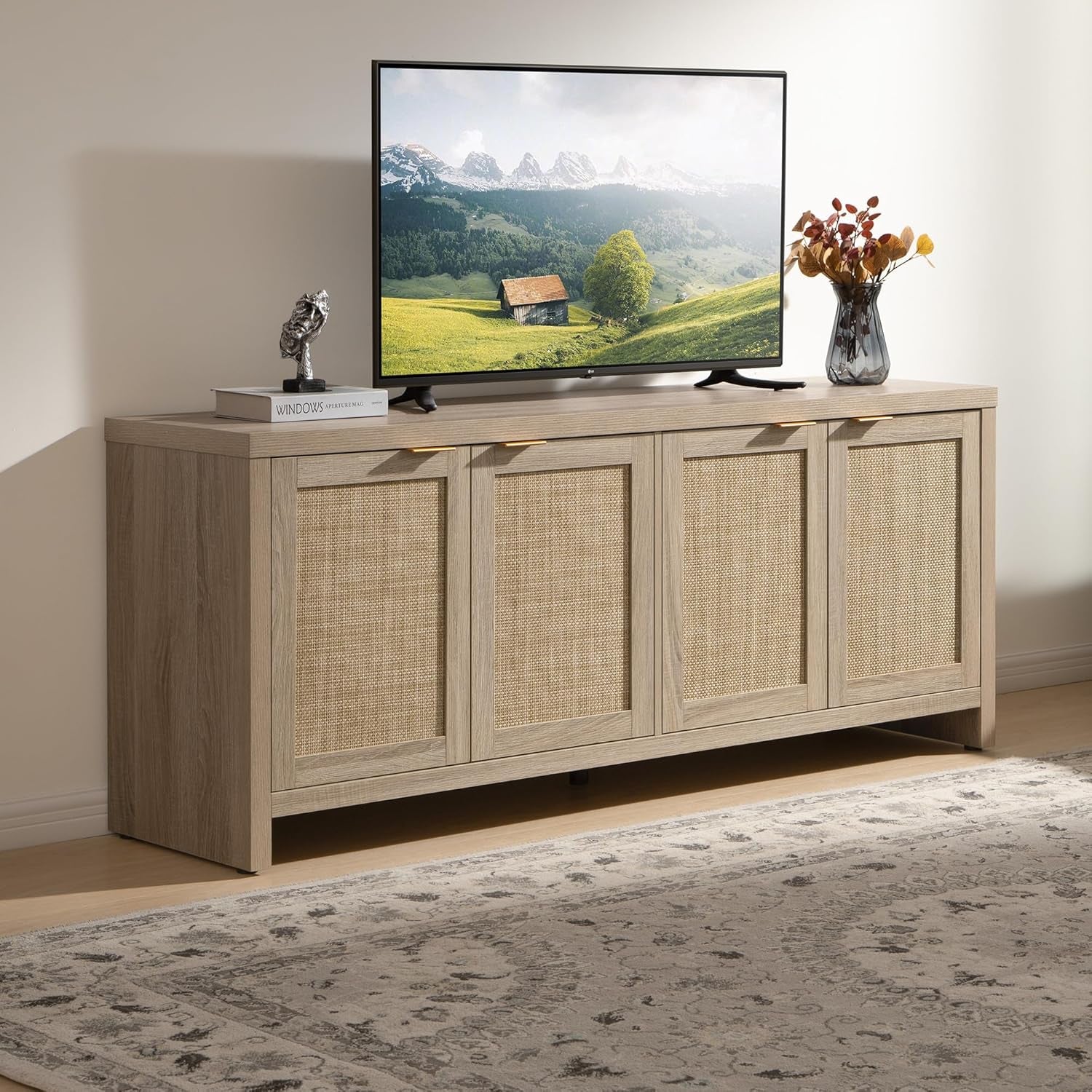 TV Stand for Living Room Boho Entertainment Center for Bedroom with 4 Rattan Cabinets Farmhouse Television Stands with Storage Large Media Console Table for Tvs up to 45 50 55 60 65 Inch