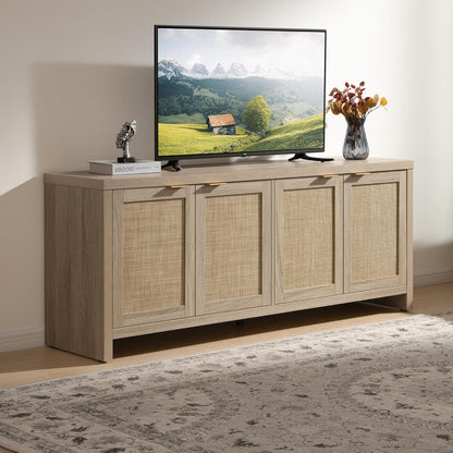 TV Stand for Living Room Boho Entertainment Center for Bedroom with 4 Rattan Cabinets Farmhouse Television Stands with Storage Large Media Console Table for Tvs up to 45 50 55 60 65 Inch