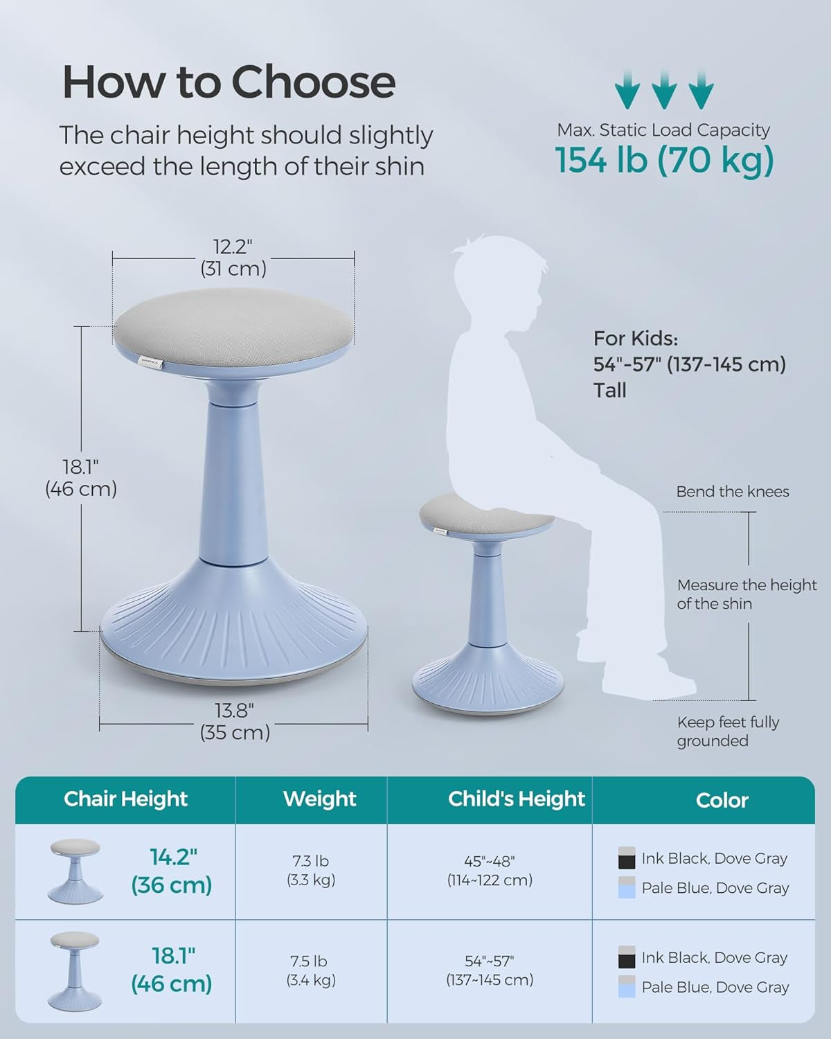 Kids Wobble Chair 6-12Y, Active Sitting Stool with Focus Support, 18.1" Height 154 Lb Capacity, Anti-Slip Base Tool-Free Assembly, Pale Blue and Dove Gray UOSC010Q01