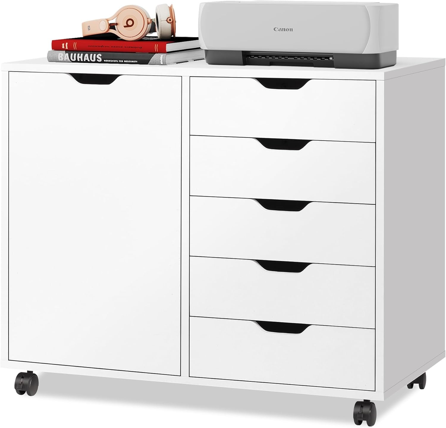 5-Drawer Wood Drawer Cabinet, Office Storage Cabinet with Adjustable Shelf & Wheels, Printer Stand for Home Office, White