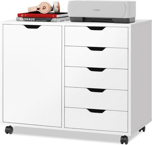 5-Drawer Wood Drawer Cabinet, Office Storage Cabinet with Adjustable Shelf & Wheels, Printer Stand for Home Office, White