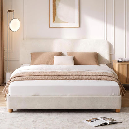 Queen Size Cloud Bed Frame, Soft Boucle Bed Frame with Adjustable Headboard, Solid Wood Legs, Rounded Corners Design & Easy Assembly – Modern Platform Bed,Cream