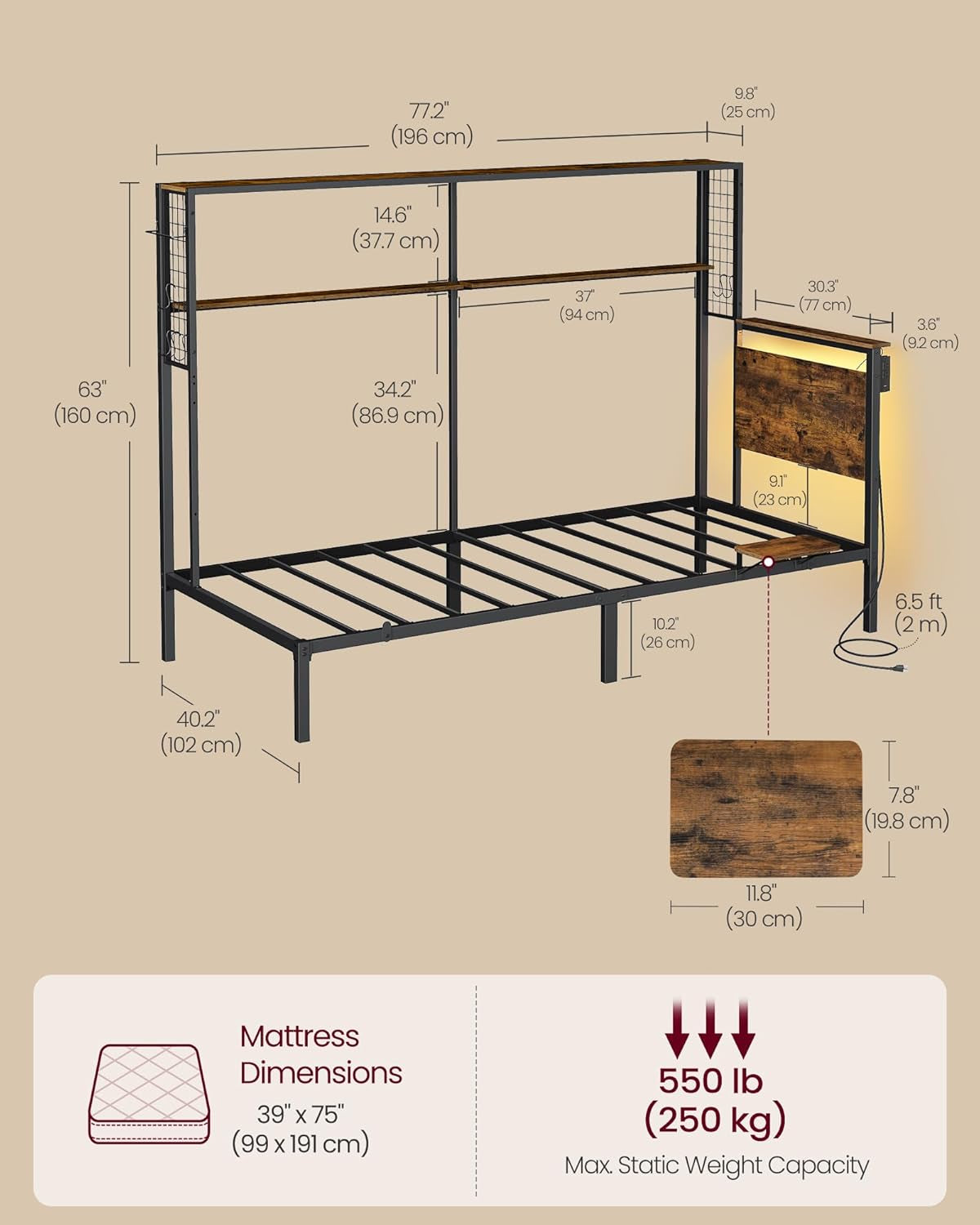 Twin Size Metal Bed Frame with Headboard, Multifunctional Storage, Built-In LED Lights, Charging Station, Bookshelf, Bedside Shelf, Space-Saving, No Box Spring Needed, Rustic Brown URMB963K02