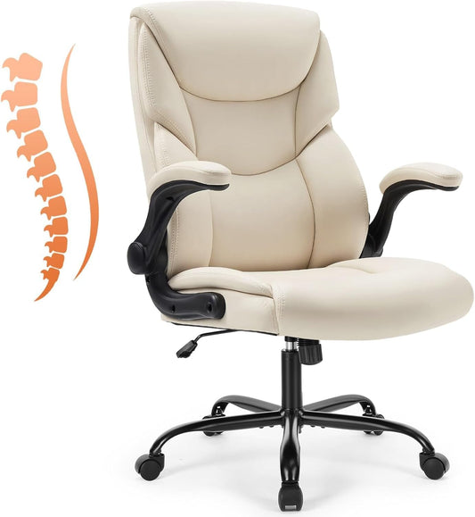 Ergonomic Office Chair Heavy Duty Task Desk Chair with Flip-Up Arms, PU Leather, Adjustable Swivel Rolling Chair with Wheels, Beige