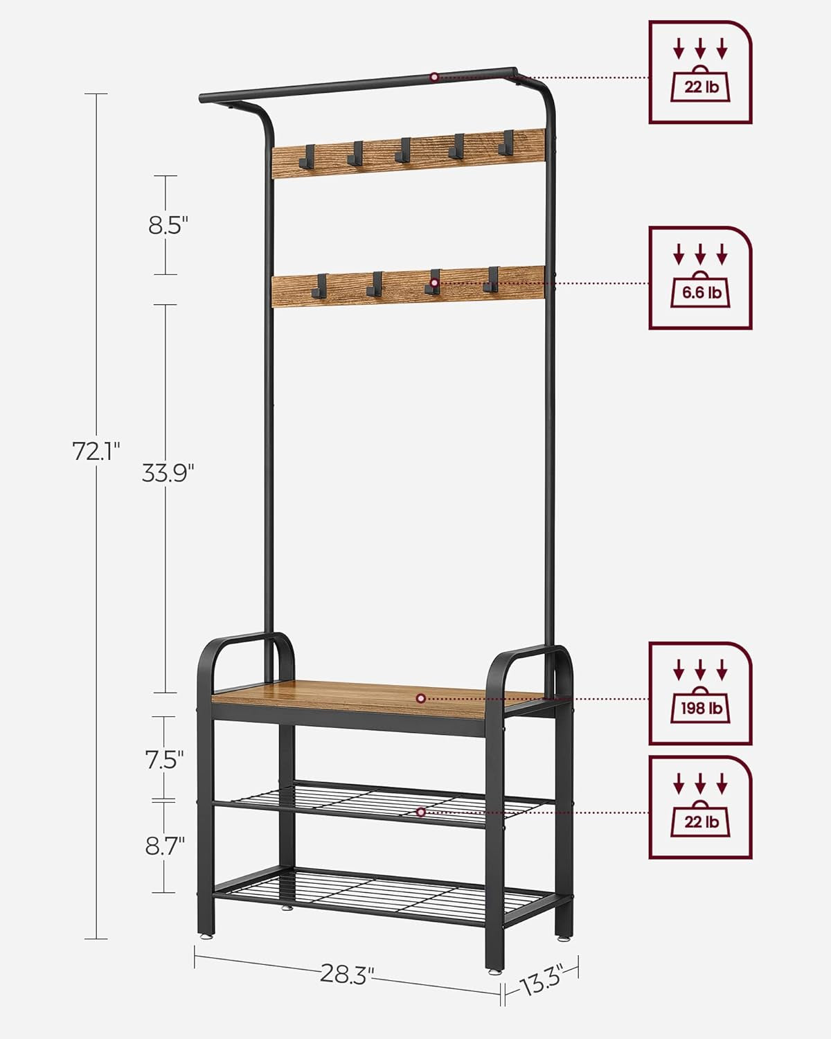 Coat Rack, Hall Tree with Shoe Bench for Entryway, Entryway Bench with Coat Rack, 4-In-1, with 9 Removable Hooks, a Hanging Rod, 13.3 X 28.3 X 72.1 Inches, Rustic Walnut and Black UHSR040B41