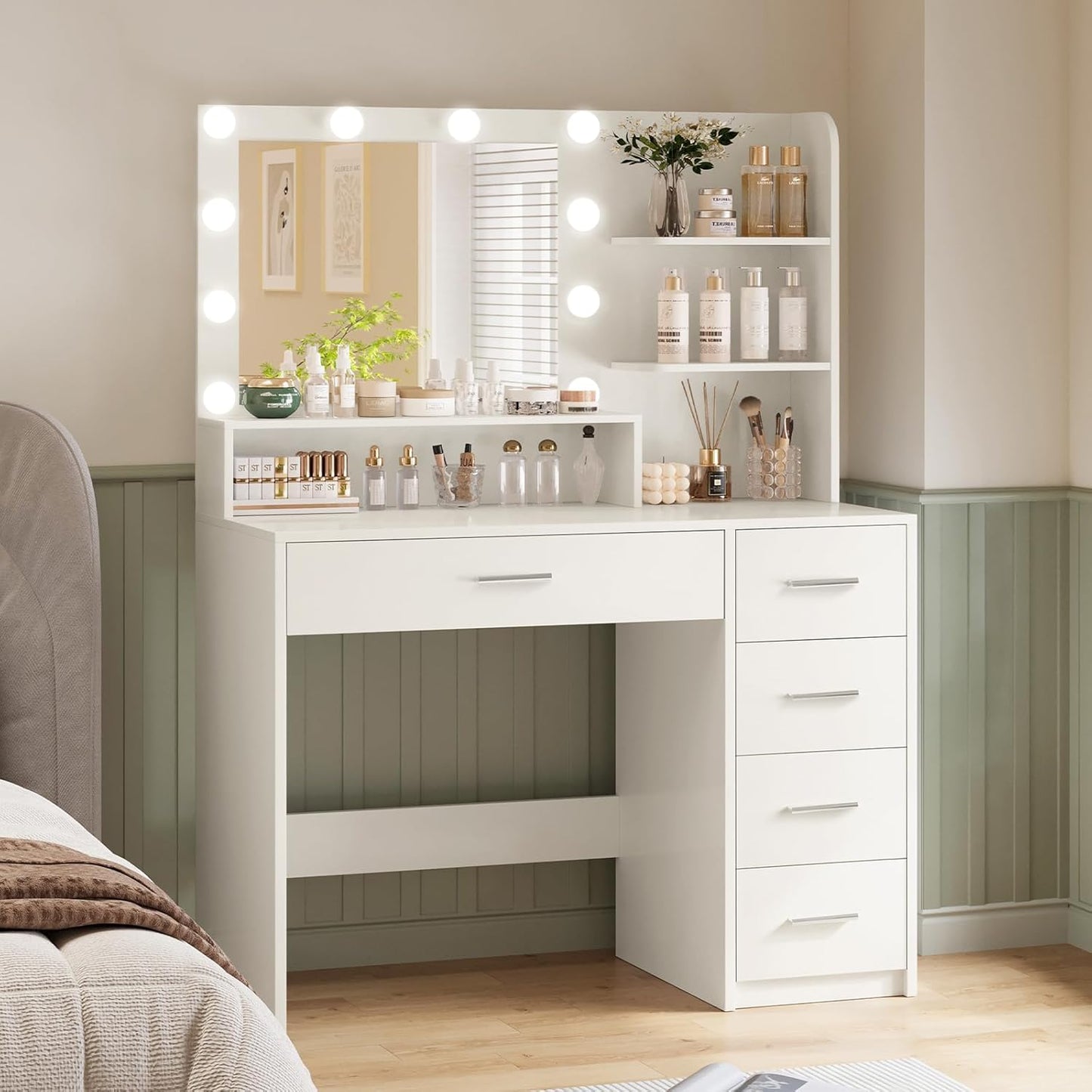 Vanity Desk with Mirror and Lights, Makeup Vanity with 5 Drawers and 3 Storage Shelves, 3 Color Modes & Adjustable Brightness Dressing Table, Vanity Desk for Bedroom, White