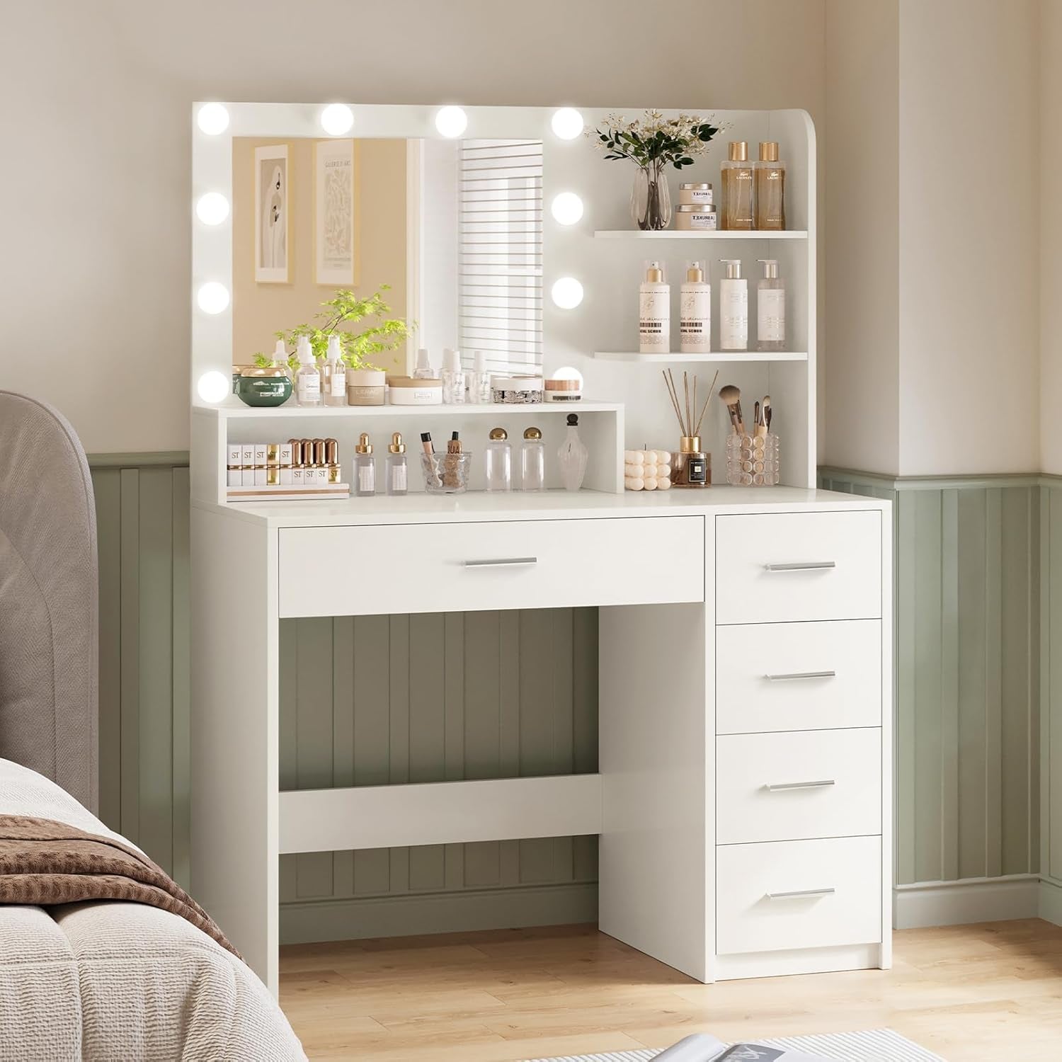 Vanity Desk with Mirror and Lights, Makeup Vanity with 5 Drawers and 3 Storage Shelves, 3 Color Modes & Adjustable Brightness Dressing Table, Vanity Desk for Bedroom, White