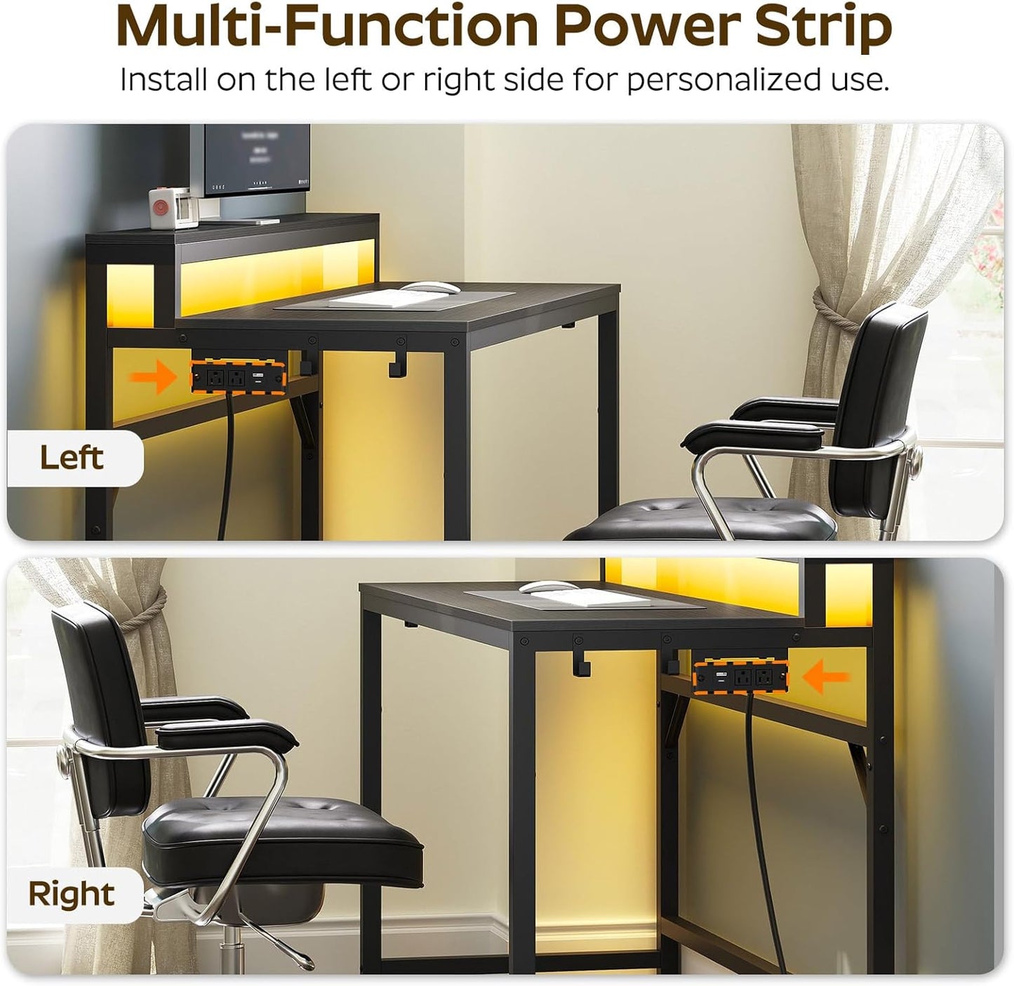 47.2" Computer Desk with Charging Station and LED Lights, Gaming Desk with Monitor Stand, 2-Tier Home Office Desk with 4 Side Hooks, for Living Room, Home Office, Black DN12UDBB