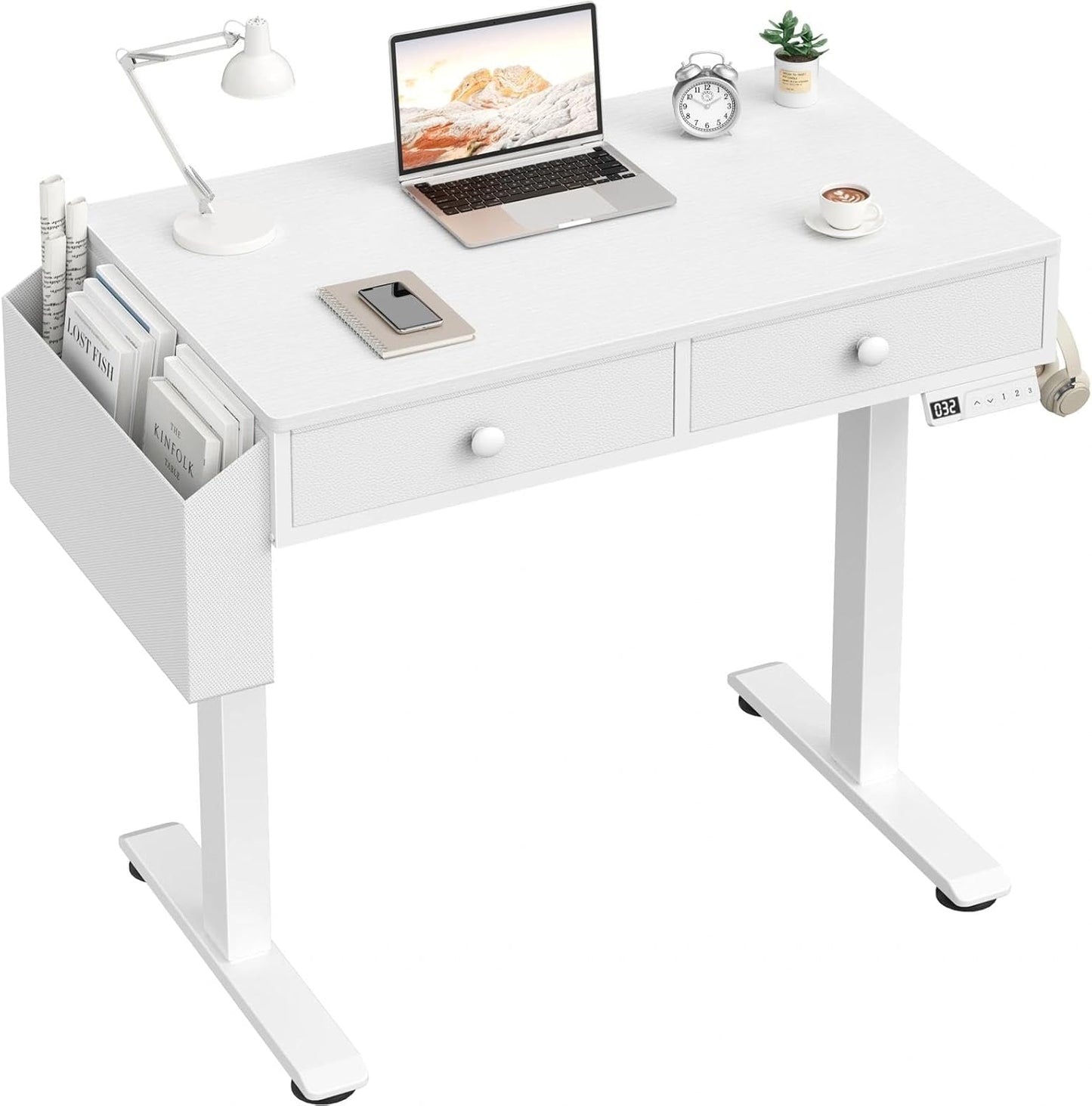 Electric Standing Desk with Drawers, 32 Inch White Small Height Adjustable Sit Stand Desk with Storage for Small Space Home Office Bedroom, Study Writing Stand up Computer Desks for Girls Work