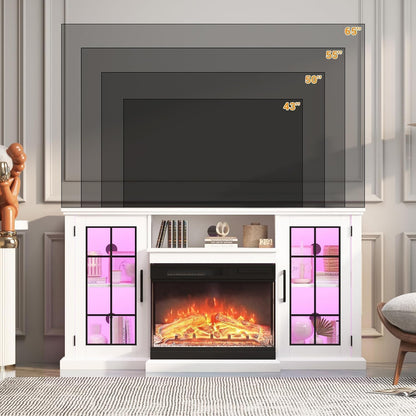 Fireplace TV Stand, 59'' TV Stand with Fireplace, 24'' Electric Fireplace Insert with Realistic 3D Flame Effect and LED Lights, Entertainment Center with Storage, White