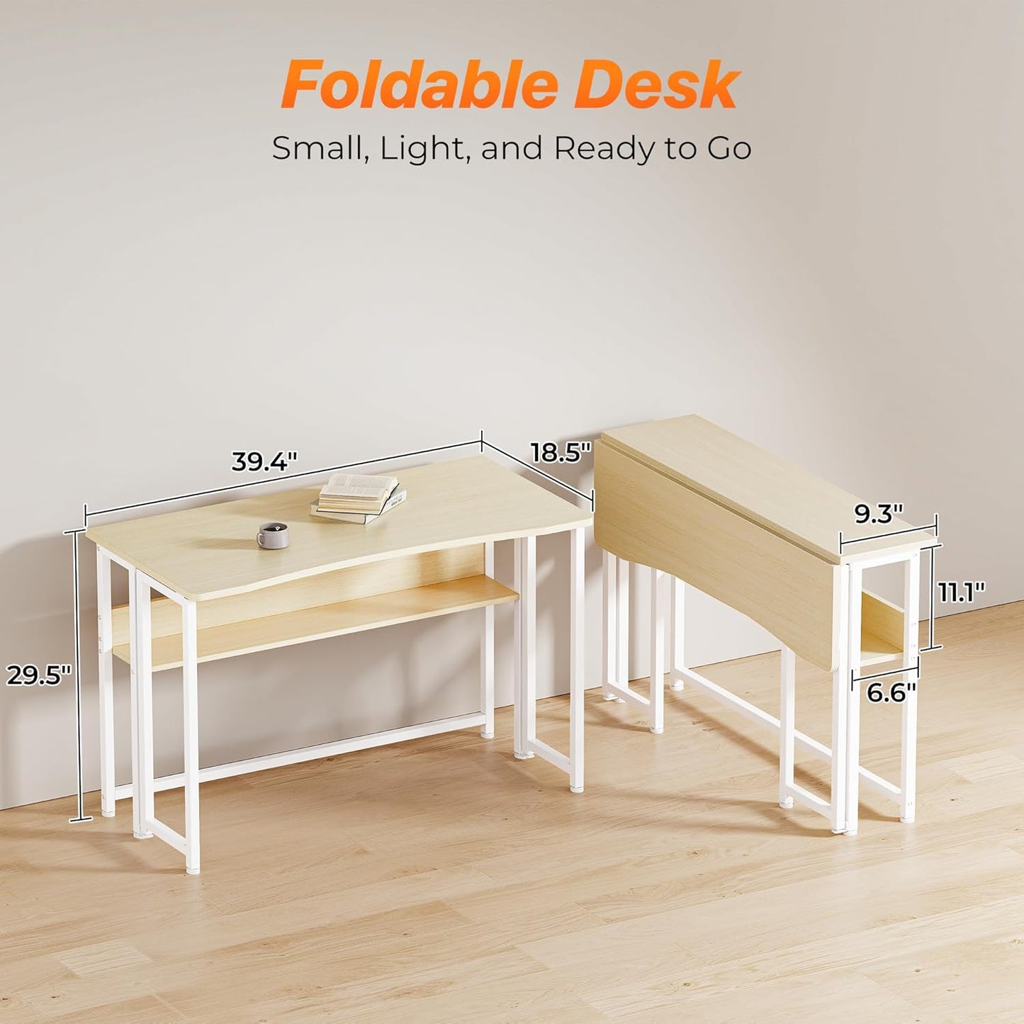 Folding Desk with Storage Shelf, 39.3 Inch Foldable Computer Table for Small Spaces, Space Saving Sofa Table for Couch, Writing Work Office Computer Desk, Easy to Fold, Oak