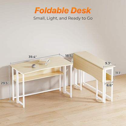 Folding Desk with Storage Shelf, 39.3 Inch Foldable Computer Table for Small Spaces, Space Saving Sofa Table for Couch, Writing Work Office Computer Desk, Easy to Fold, Oak
