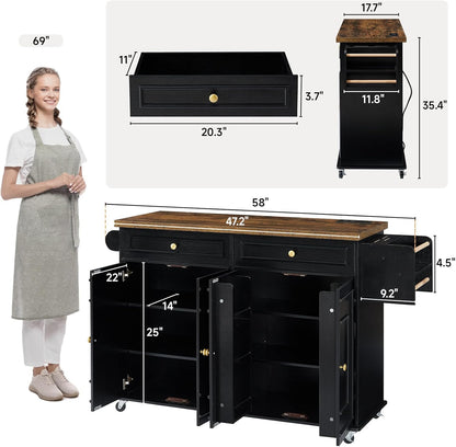58" Mobile Kitchen Island, Kitchen Island Cart with Power Outlet, Island Table for Kitchen, Home Bar Carts with Storage, Kitchen Rolling Island with Spice Rack & Towel Rack & Knife Holder