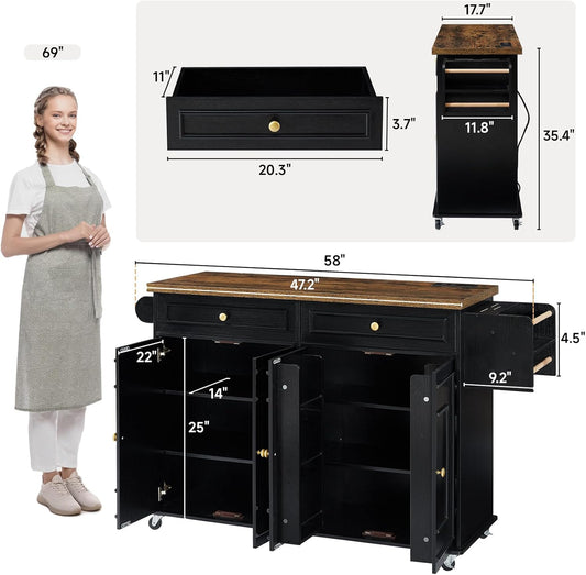 58" Mobile Kitchen Island, Kitchen Island Cart with Power Outlet, Island Table for Kitchen, Home Bar Carts with Storage, Kitchen Rolling Island with Spice Rack & Towel Rack & Knife Holder