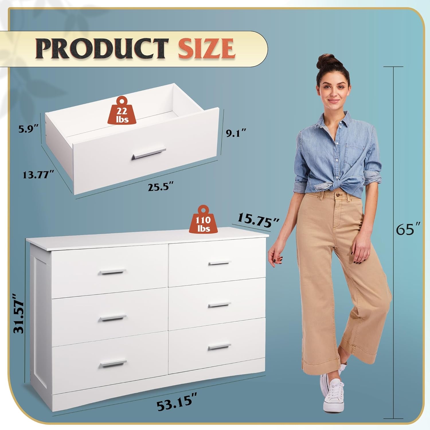 White Dresser with 6 Drawers, Wide Wood Chest of Drawers for Bedroom, Large White Storage Tower Unit, Modern Minimalist Closet Store Organizer for Living Room, Hallway