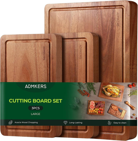Acacia Wood Cutting Boards for Kitchen, Solid Wooden Cutting Board Set of 3, Charcuterie Board, Large Chopping Board for Meat, Cheese, Fruit, Vegetables (17X12, 12X10, 12X7 Inch)