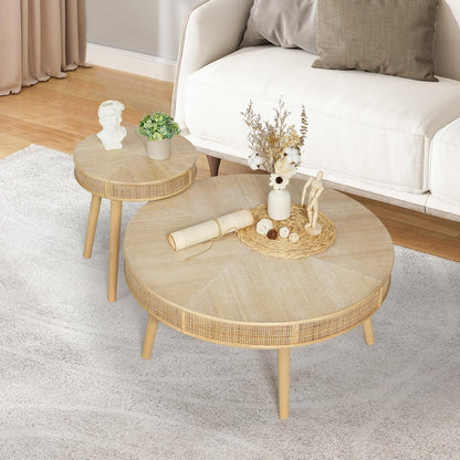 Farmhouse round Coffee Table, Rustic Sofa Side Tea Tables Nesting Center Table Set with Handmade Rattan for Living Room, French Country Decor, Natural, 2Pack
