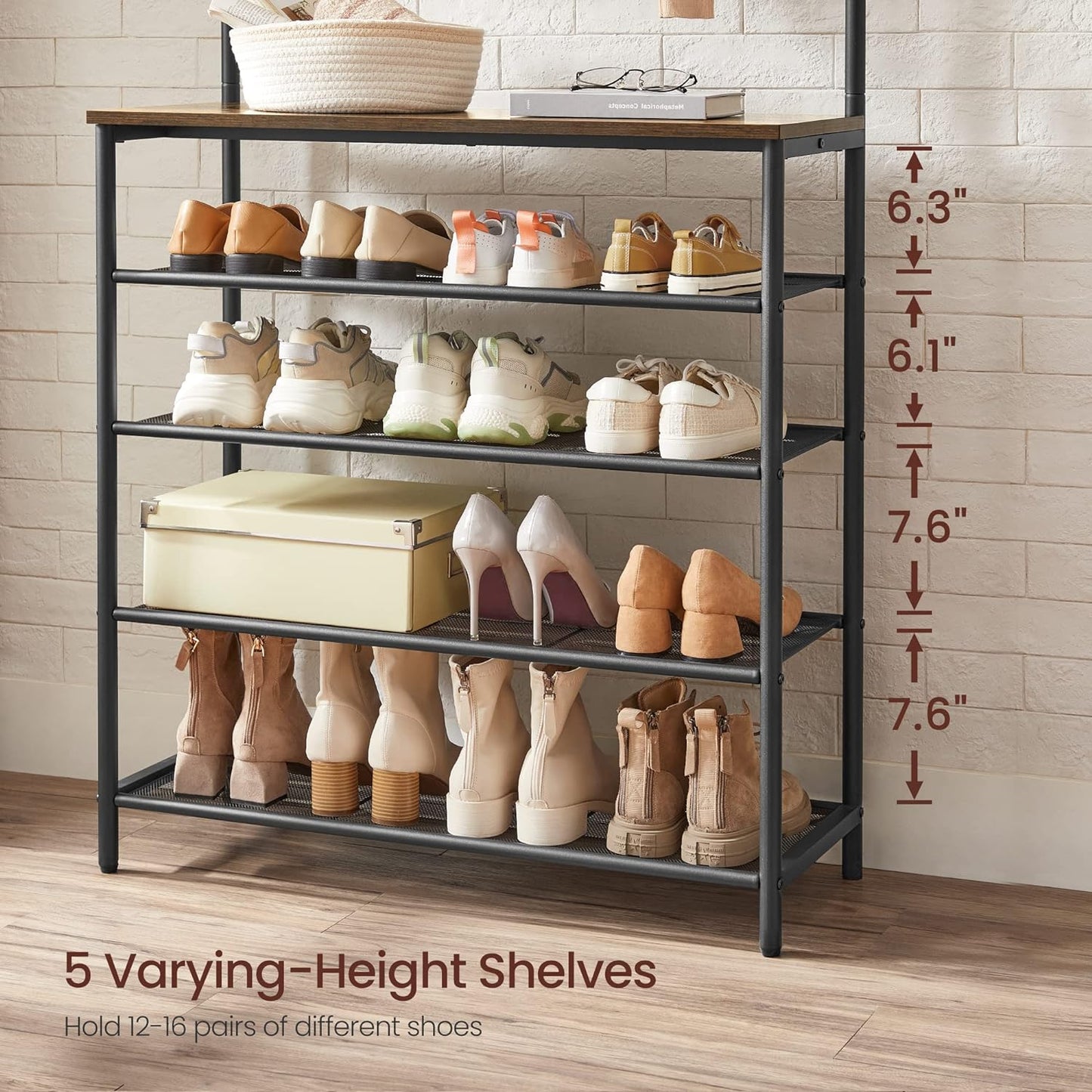 Hall Tree with Shoe Bench, Coat Rack Shoe Bench, 5-Tier Shoe Rack Different Heights, 5 Dual Hooks, Top Shelf, Entryway Organizer, Hallway Bedroom Dorm, Rustic Brown and Black UHSR408B01