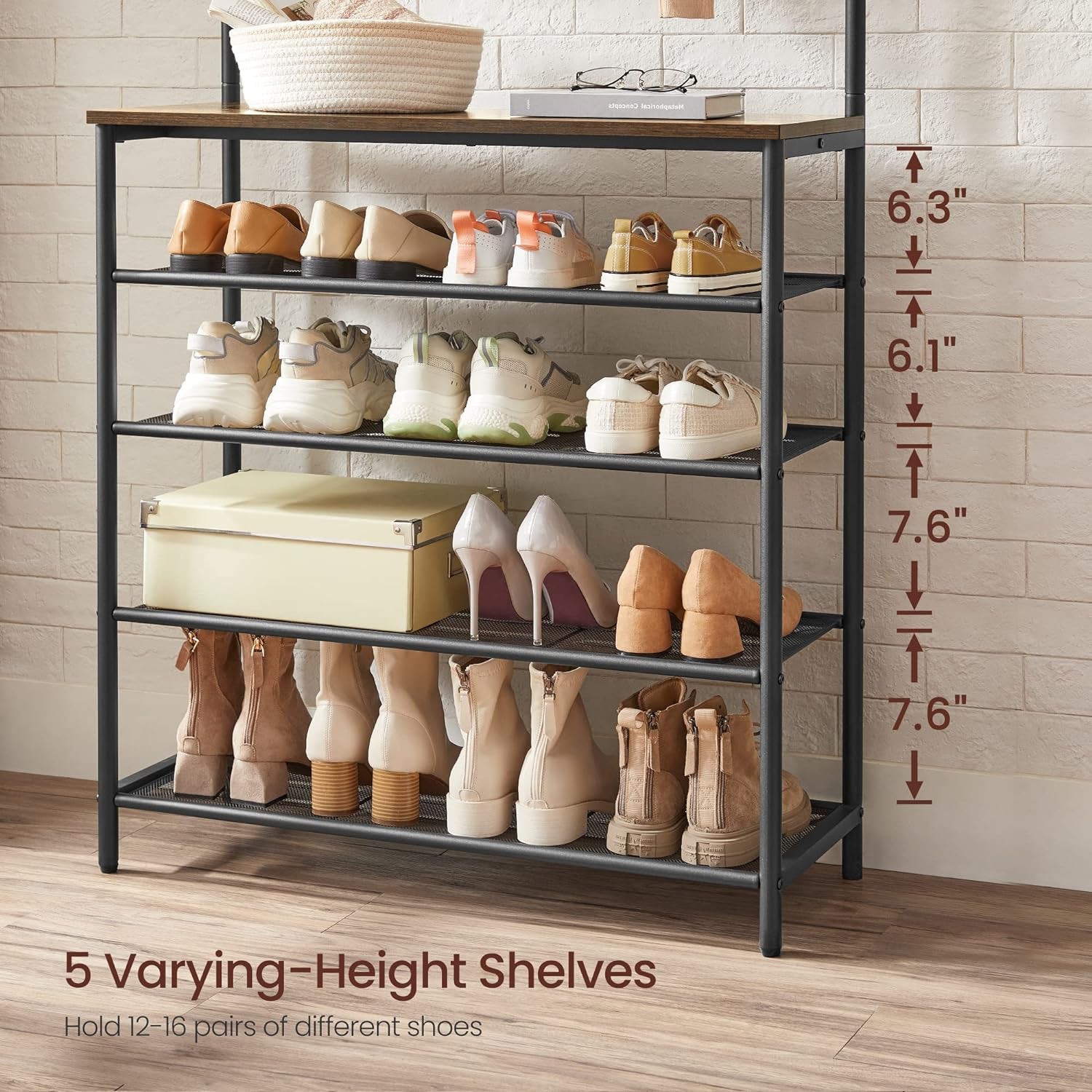Hall Tree with Shoe Bench, Coat Rack Shoe Bench, 5-Tier Shoe Rack Different Heights, 5 Dual Hooks, Top Shelf, Entryway Organizer, Hallway Bedroom Dorm, Rustic Brown and Black UHSR408B01